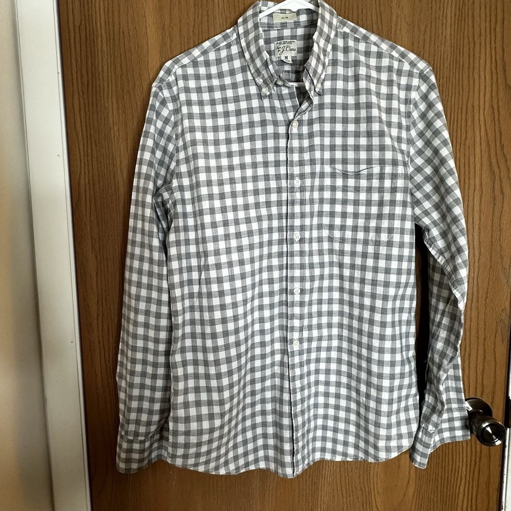 J. Crew Button Down Shirt Men's Sz M Slim 100%‎ Cotton Plaid Gray Long Sleeves
